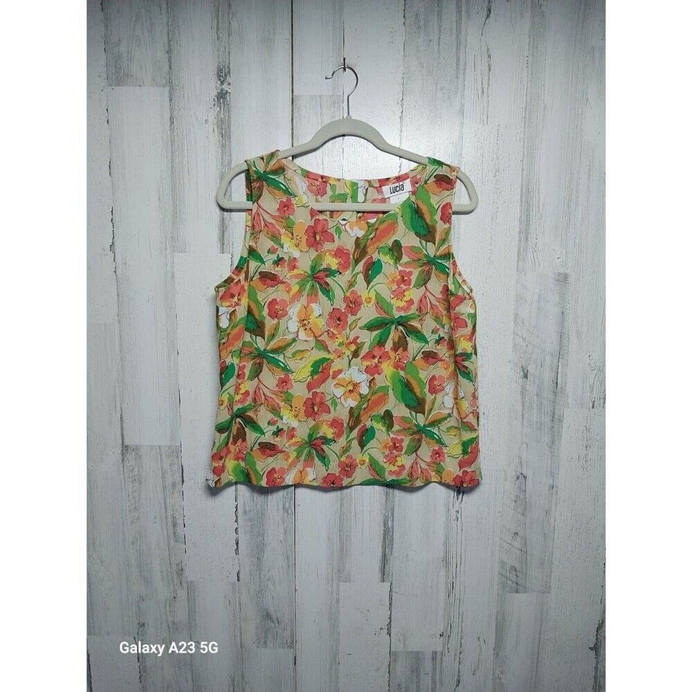 Lucia Women's Large Orange Yellow Green Floral Tank
